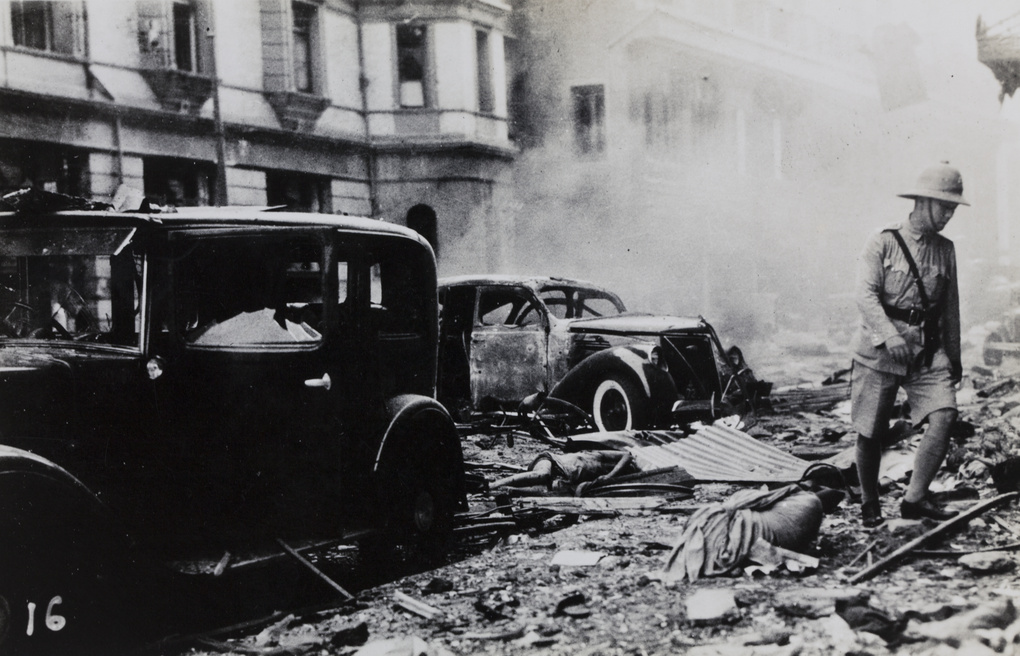 Casualties and debris, Cathay Hotel bombing, Shanghai, 14 August 1937