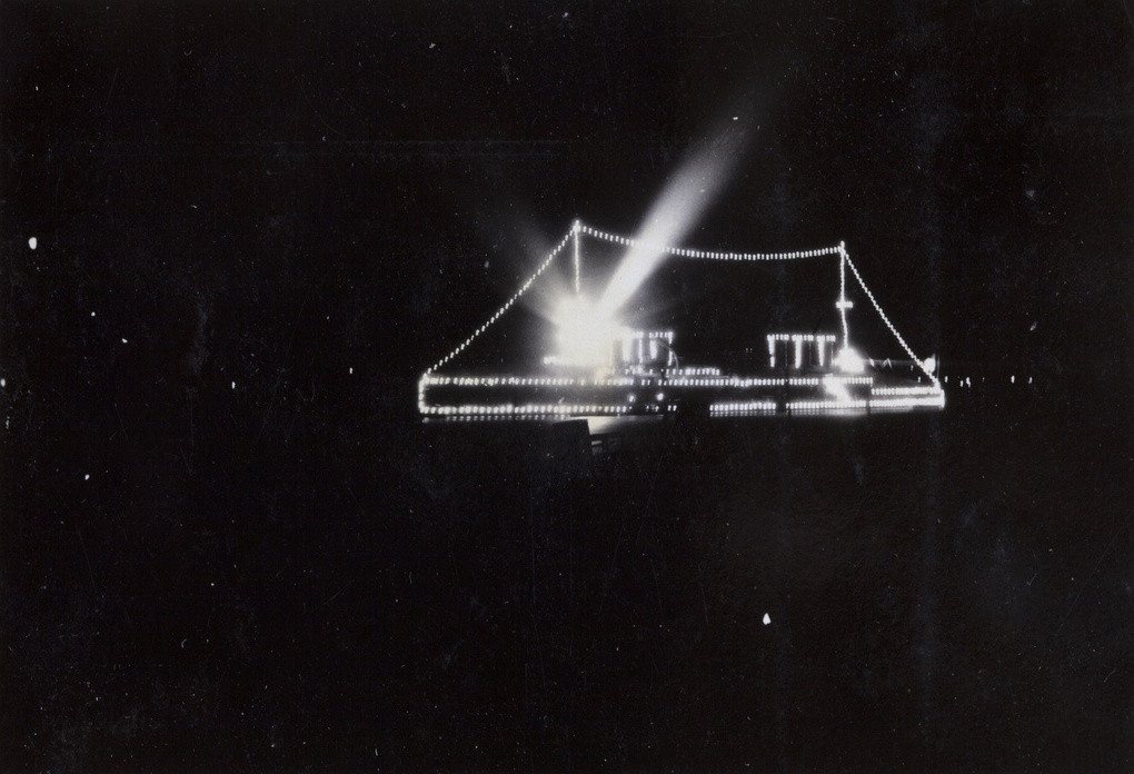 French flagship illuminated for Bastille Day, Huangpu River, Shanghai, 1930