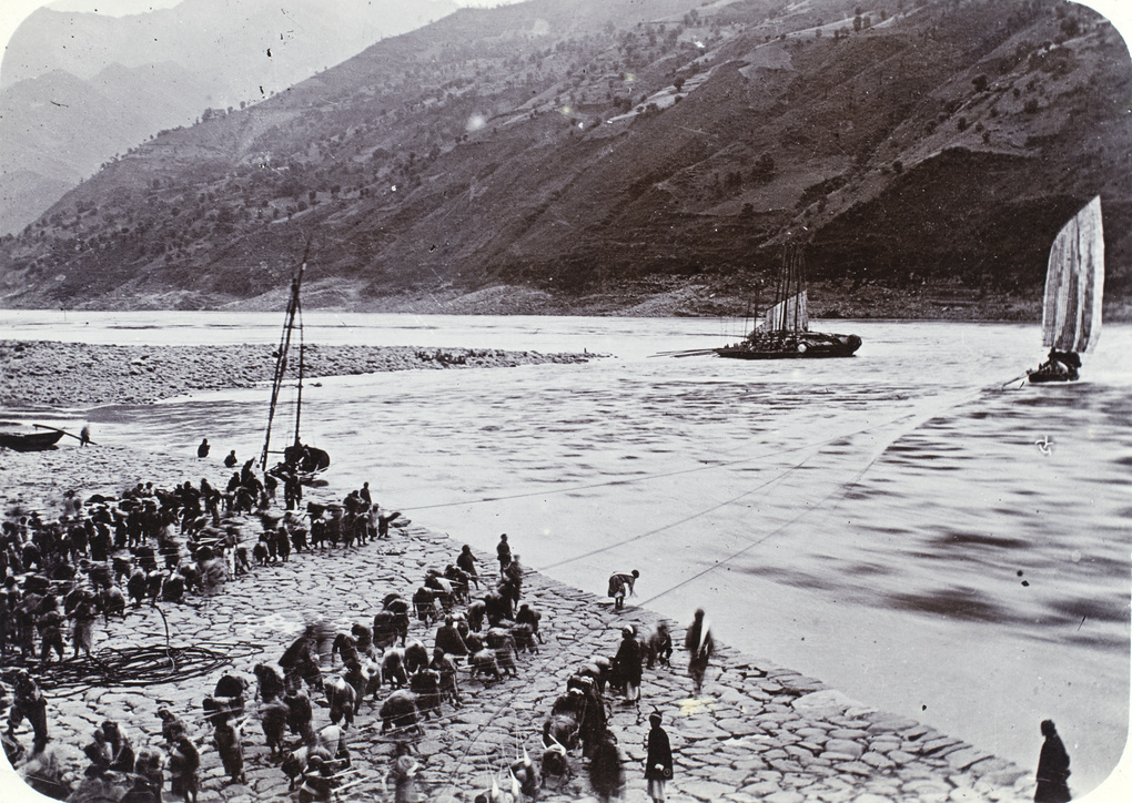 Trackers hauling a junk around the Yeh-Tan (Wild Rapid), Upper Yangtze River
