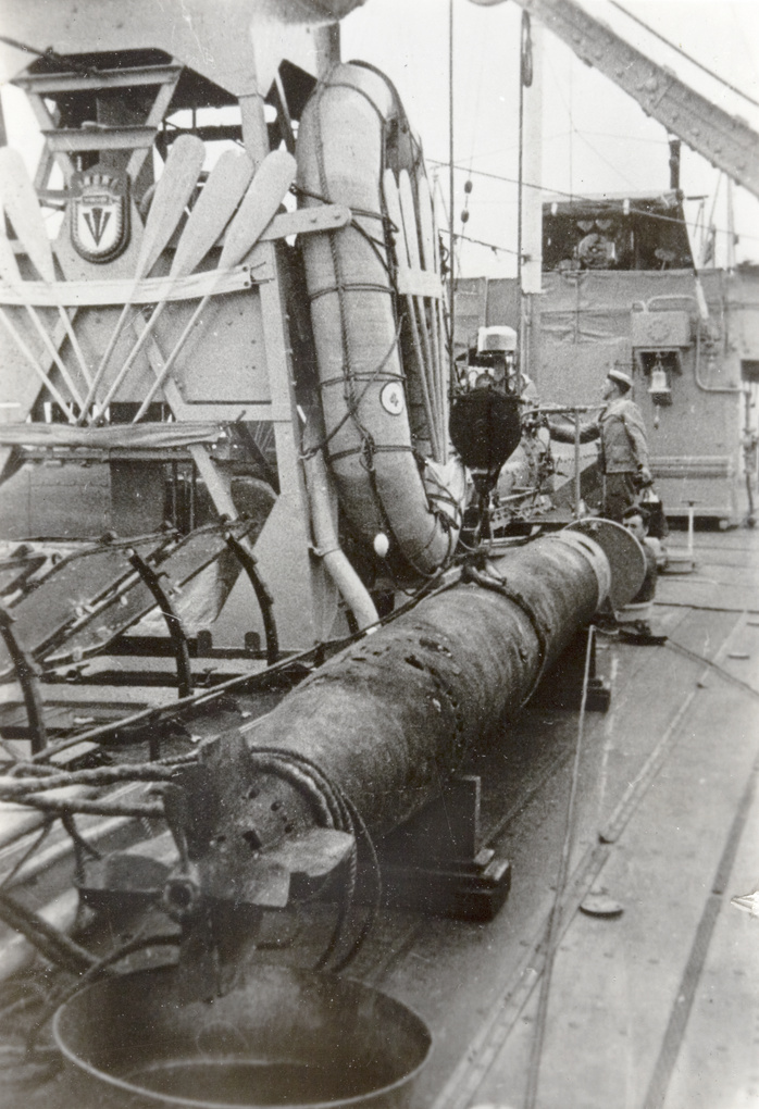 The 'Red Herring', a wayward torpedo, on HMS Wishart