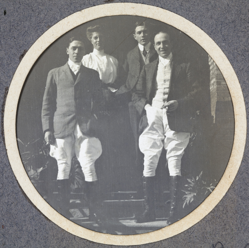 Leckie, Mrs Beswick, Hatherley, and George Alfred Johnson, before a paper hunt meet, Shanghai