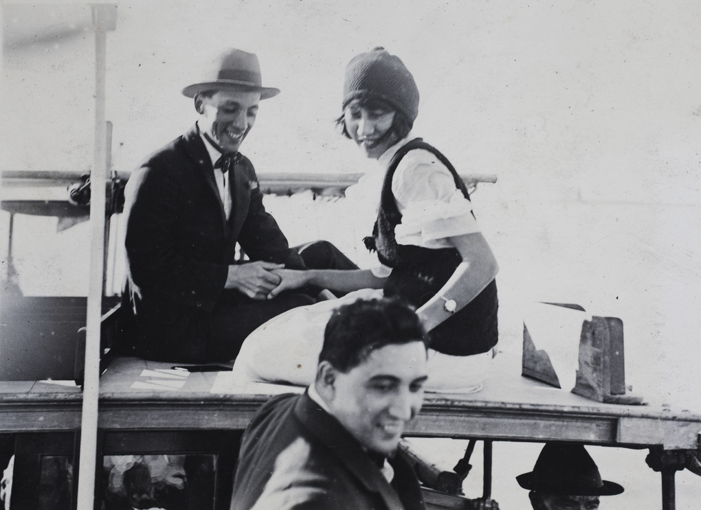 John Piry, Charles Hutchinson and Edie Gundry aboard the Aggie G, near Shanghai