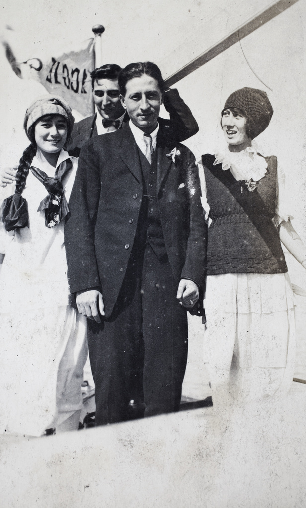 Gladys and Edie Gundry aboard the Aggie G with Charles Hutchinson and Mr Cunningham, near Shanghai