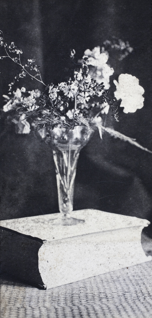 Still life of flowers in a glass vase on a thick book