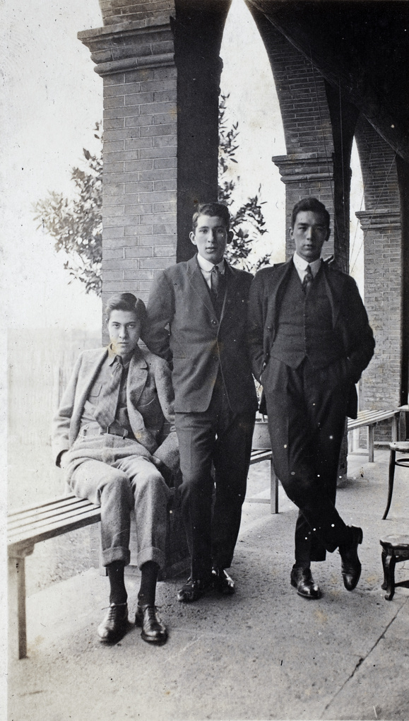 Bill, John Henderson and Bill Hutchinson on the verandah, 35 Tongshan Road, Hongkou, Shanghai