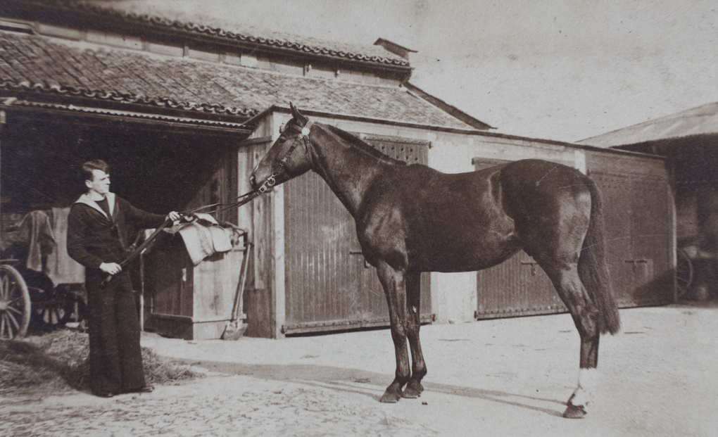 Unidentified man, wearing naval-style clothing, holding a horse by the reins in a stable yard, Shanghai