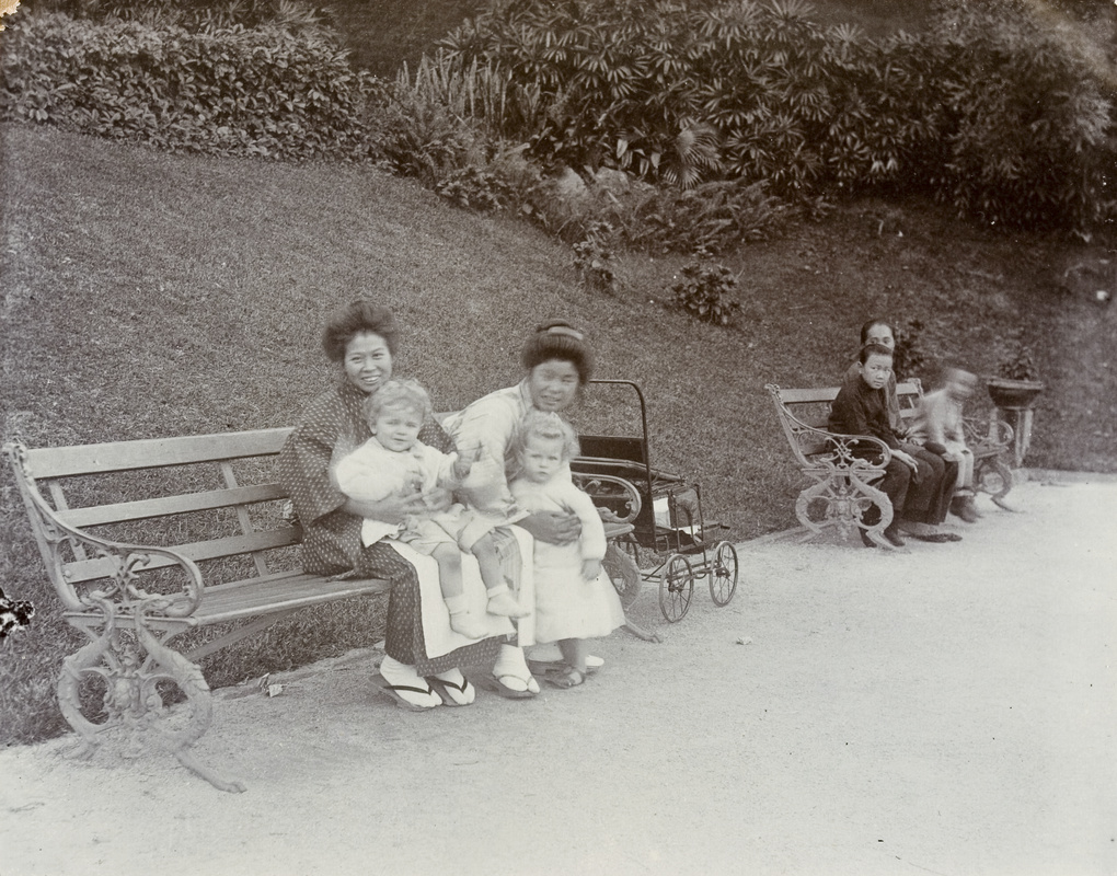 Japanese nursemaids with children, and onlookers, Hong Kong