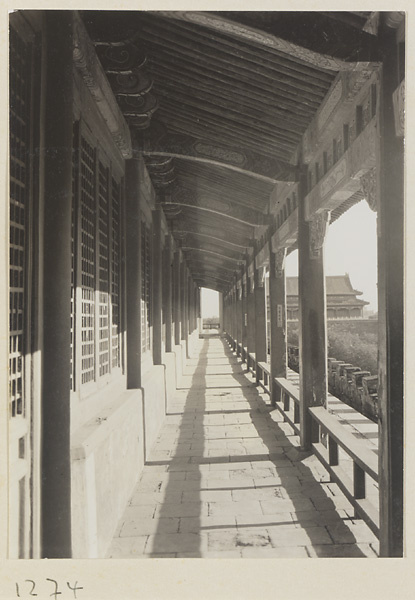 Porch gallery and view of gate in the Forbidden City