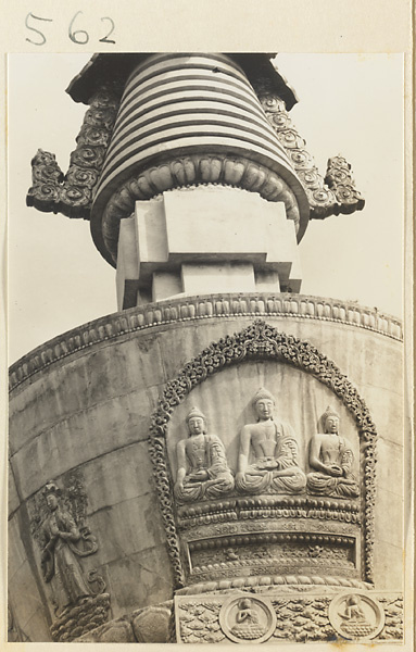 Detail of stupa at Huang si showing carved relief work with Buddhist figures