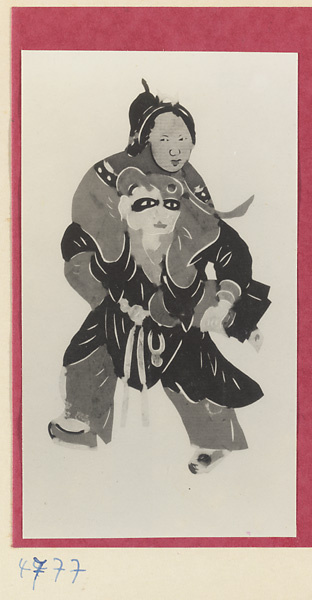 Paper-cut of a masked figure carrying a woman on his back