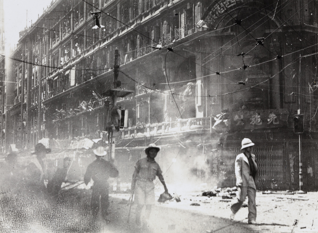Emergency workers in the aftermath of bombing, Sincere Company department store, Shanghai, 23 August 1937