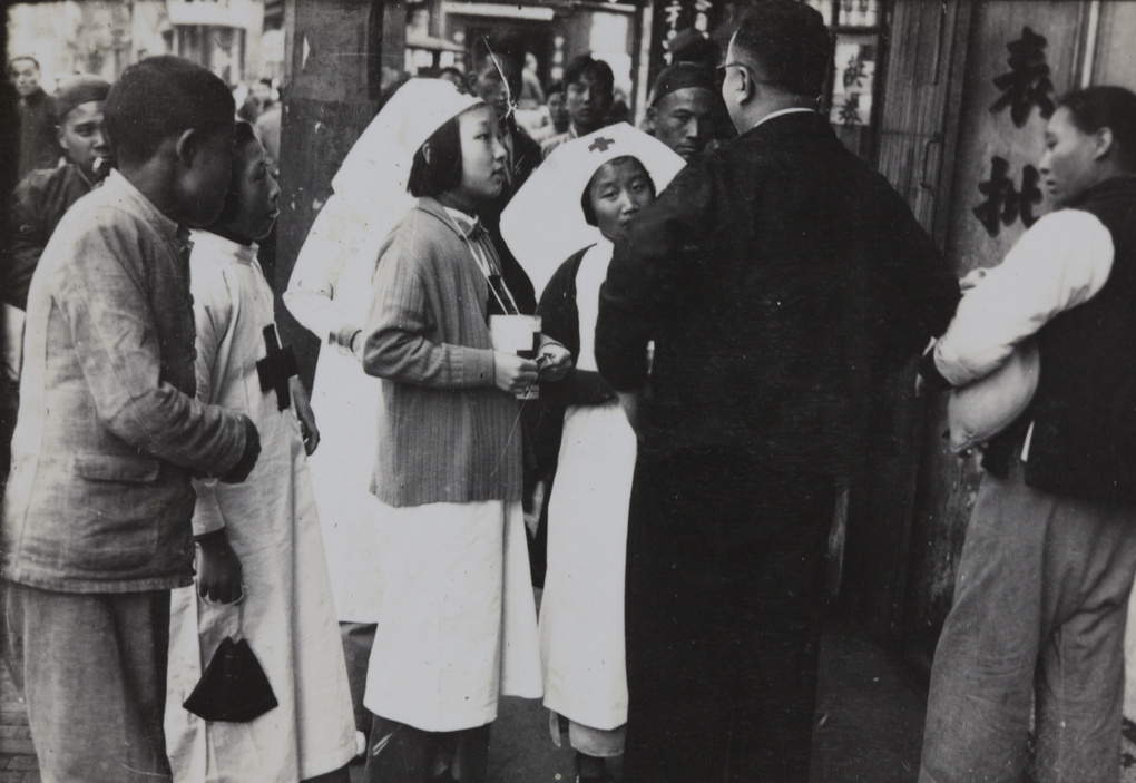 Chinese nurses collecting money in Nanking Road for the Shanghai Refugee Camp, December 1937