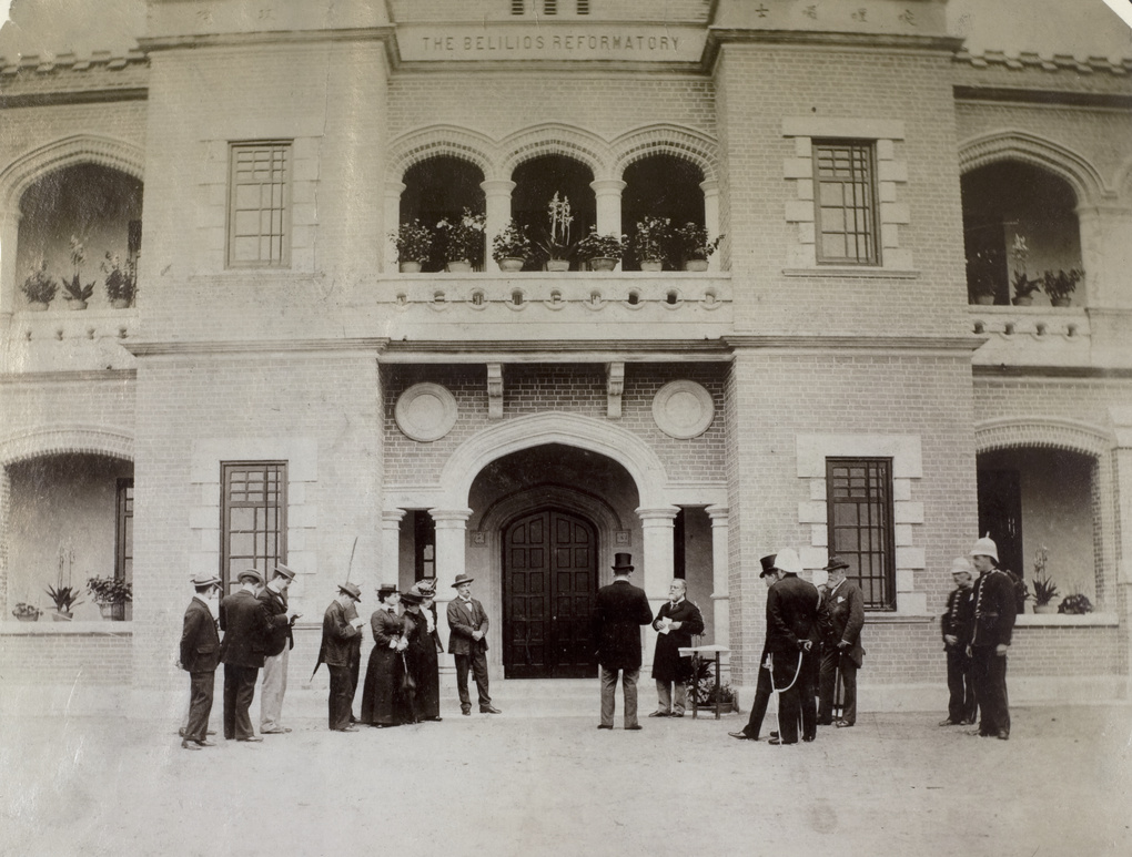 The Belilios Reformatory, with officials, soldiers and journalists, Hong Kong