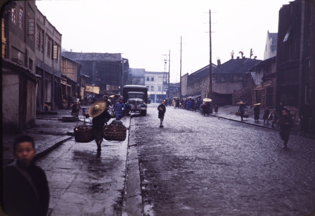 Rain swept street, Chungking, 1945