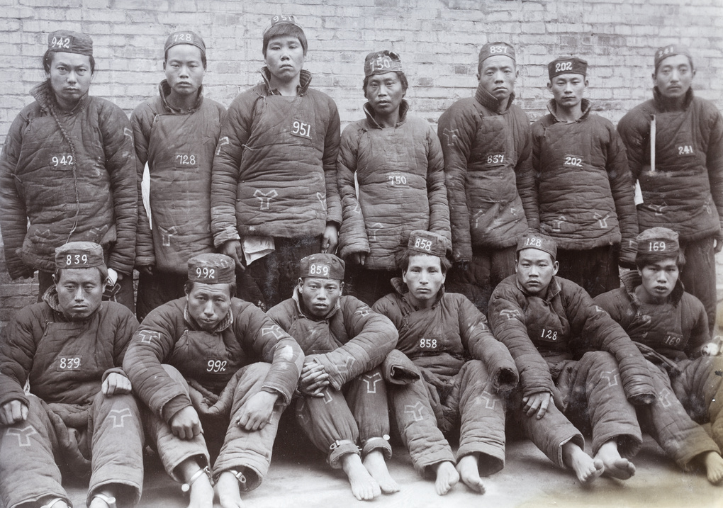 Thirteen convicts (chain gang) from the Municipal Gaol, Shanghai