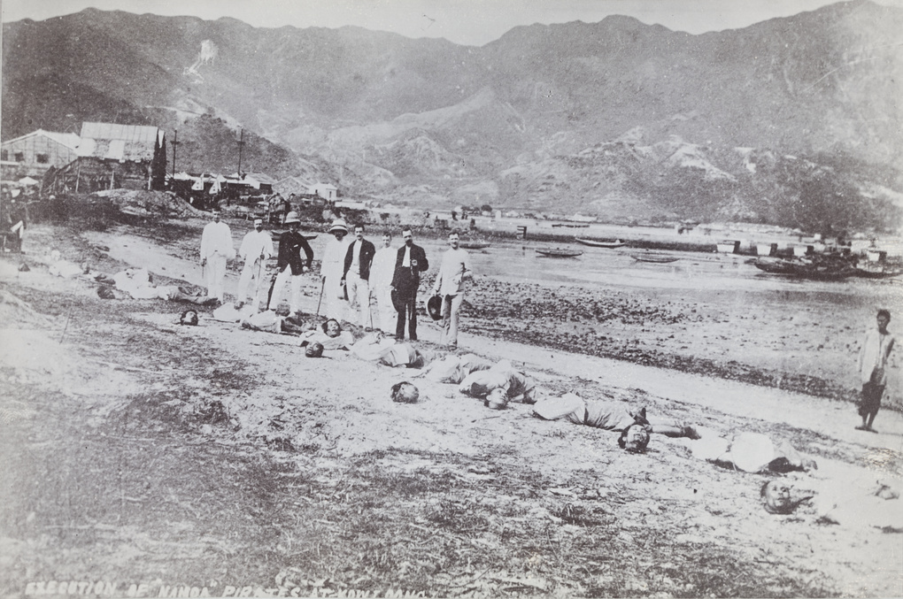 Pirates and other prisoners beheaded on Kowloon Beach, Hong Kong, 1891, with onlookers