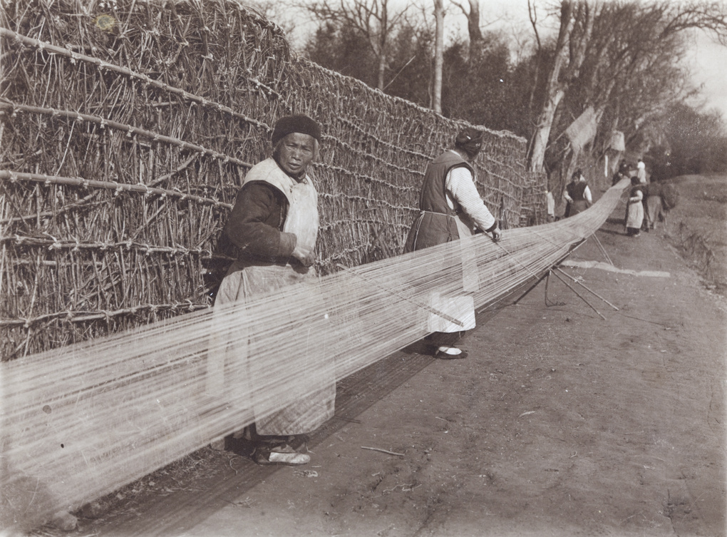 Women making cotton warp by a fence