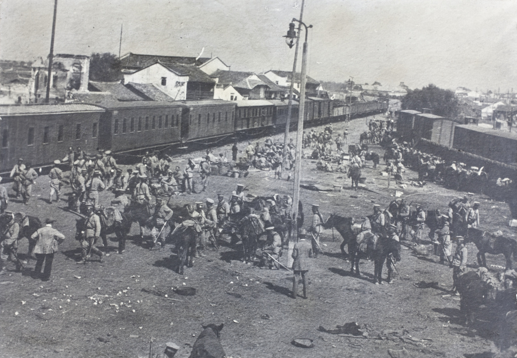 Hankow Railway Station occupied by Qing cavalry and soldiers