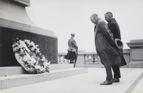 Sir Peter Grain by the War Memorial, Shanghai, during a St Andrew's Day remembrance event