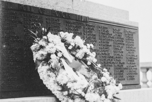 Wreath by names plaque, at War Memorial, Shanghai