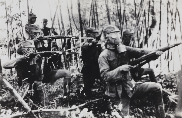 Chinese troops wearing gas masks, Pootung, Shanghai