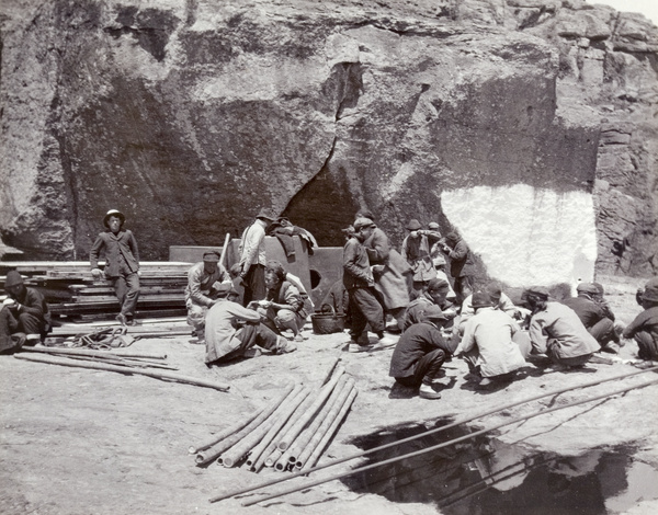 Shaweishan Lighthouse construction workers having a meal, Tsungming Island