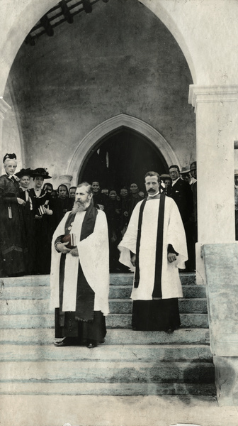 Clergymen and congregation outside a church, Pakhoi