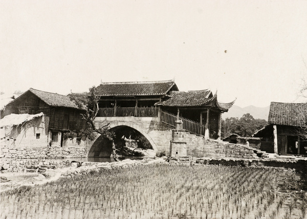 Covered bridge, temple and paddy field, Hunan