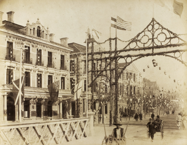 The Bund at the French Bridge, Shanghai, decorated for the Duke of Connaught's visit