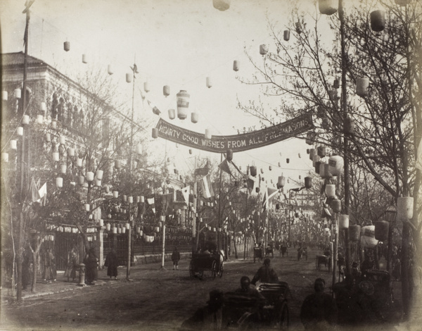 Freemason banner on The Bund, Shanghai, welcoming the Duke of Connaught