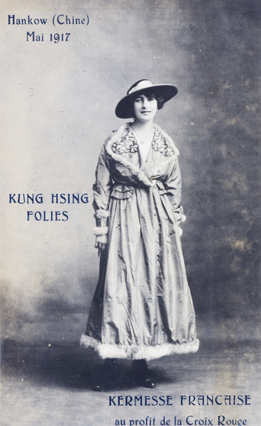 Studio portrait of a woman, relating to a fashion fundraising fair for the Red Cross, Hankou