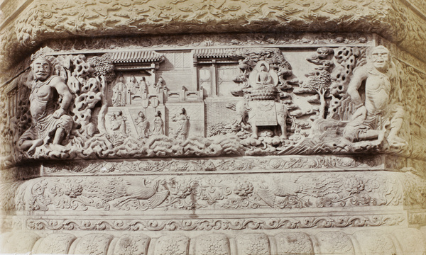 Detail of part of the carving in marble at the base of the stupa at West Yellow Temple (Xihuang Temple, 西黄寺), Beijing