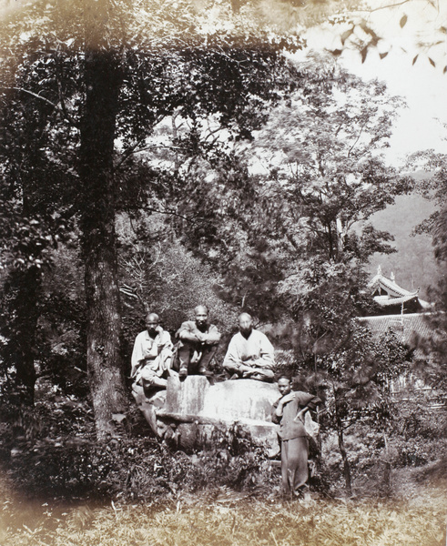 Stone tortoise and priests at Putuoshan (Mount Putuo)