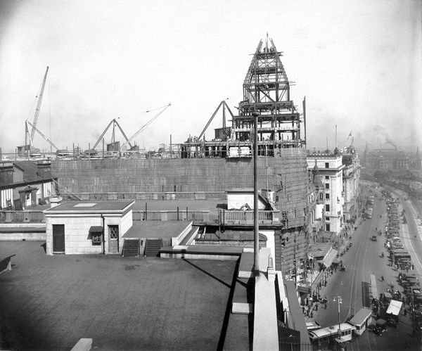 Sassoon House (The Cathay Hotel) under construction, Bund, Shanghai, 1928