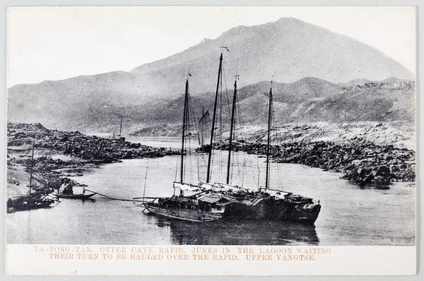 Junks waiting to be hauled over Otter Cave Rapid, Upper Yangtze River