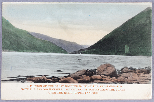 Part of the great boulder bank, Yeh-Tan rapid, with hawsers laid out, Upper Yangtze River