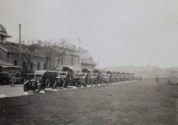 Armoured cars parked by the Shanghai Race Club, Recreation Ground, 1930