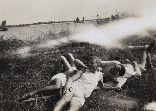 Boat race team resting after rowing, Henli Regatta 1932, Shanghai