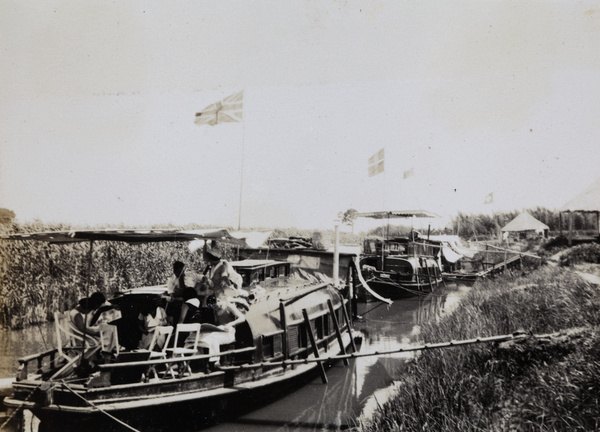 Moored houseboats flying national flags