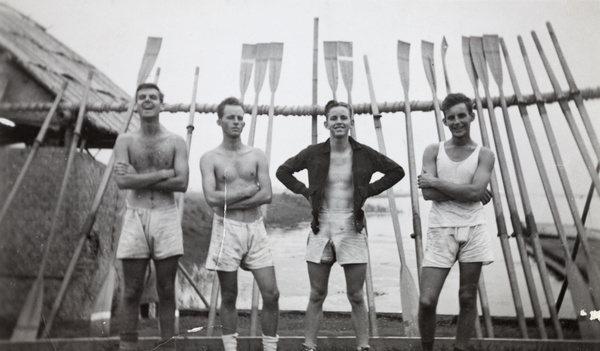 Jack Ephgrave and other Shanghai Rowing Club members, with oars