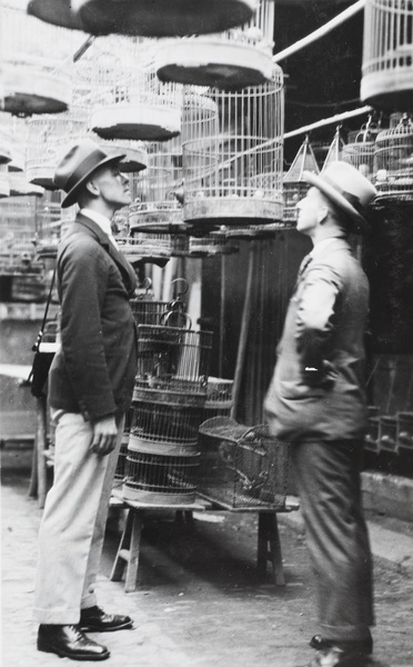 Two men looking at a bird cage