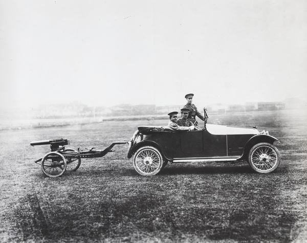 Shanghai Volunteer Corps soldiers with car and machine gun