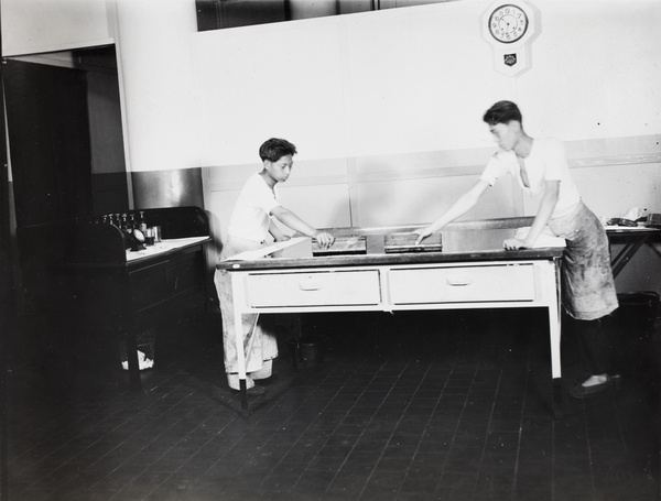 Print workers with squeegees, Capital Lithographers Ltd., Pudong, Shanghai