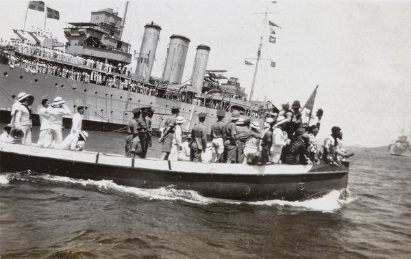 Sailors on a launch by a warship, Weihai (威海)