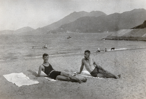 F. Hagger and Robbie on a beach, Huangpu (黃埔), Guangzhou (廣州)