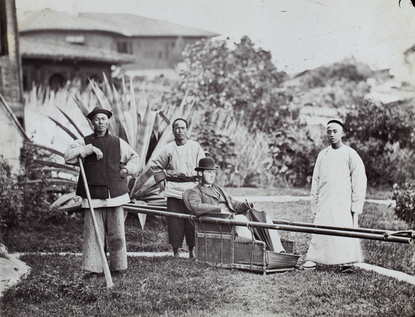 John Gurney Fry in a sedan chair, with servants, The Old Bungalow, Fuzhou