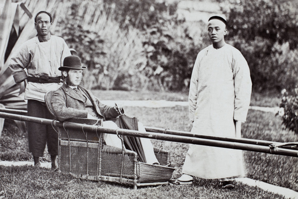 John Gurney Fry, with a chair bearer and a house servant, The Old Bungalow, Fuzhou