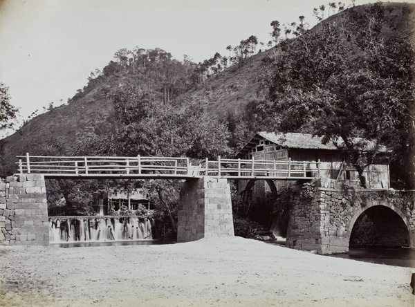 A bridge, dam and waterwheel near Shanqian, Fujian