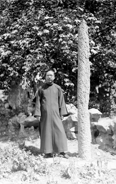 Fu Bingchang beside a prized petrified log and rockery, in a garden