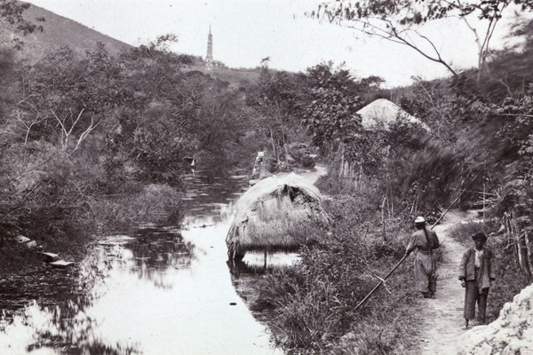 Thatched boathouse in creek and Xiudaozhe Pagoda (秀道者塔), Sheshan (佘山), Songjiang District, Shanghai